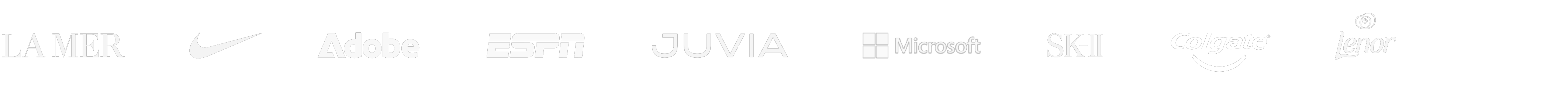 Client logos: La Mer, Nike, Adobe, ESPN, Juvia, Microsoft, SK-II, Colgate, Lenor
